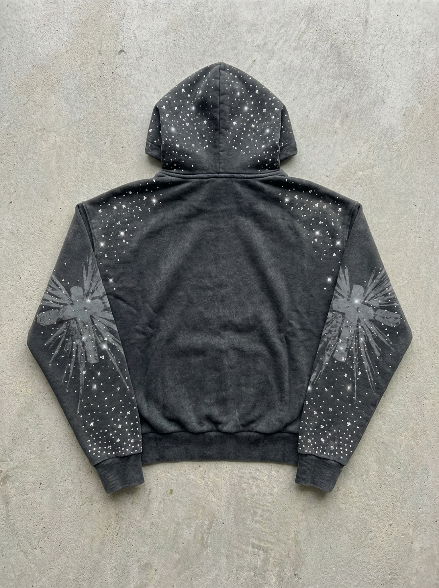 OPAQUE SPIRIT – (Black) WWJD Rhinestone Zip Hoodie
