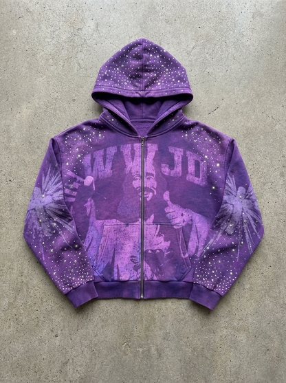 OPAQUE SPIRIT – (Purple) WWJD Rhinestone Zip Hoodie