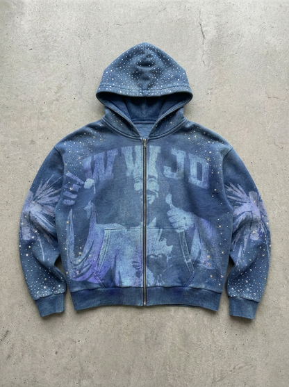 OPAQUE SPIRIT – (Blue) WWJD Rhinestone Zip Hoodie