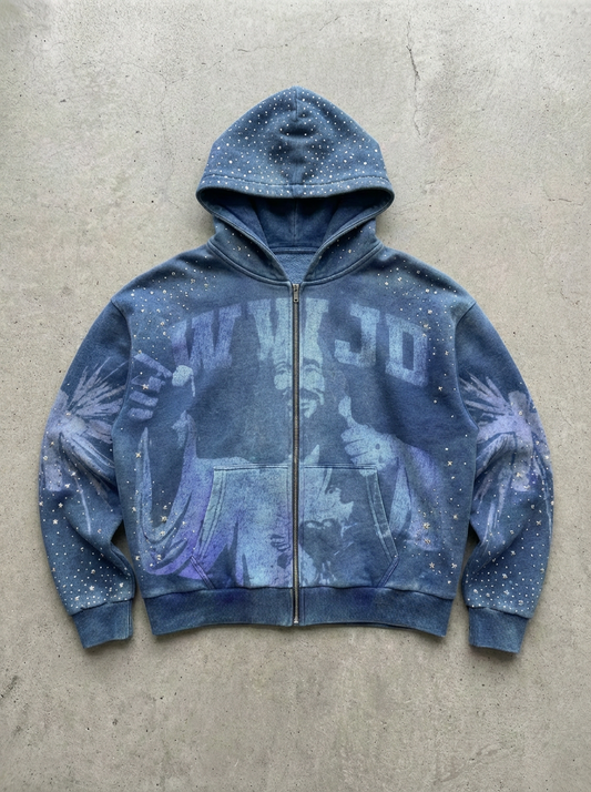 OPAQUE SPIRIT – (Blue) WWJD Rhinestone Zip Hoodie