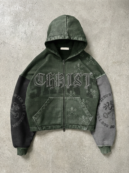 OPAQUE SPIRIT – (Green) CHRIST Distressed Zip Hoodie