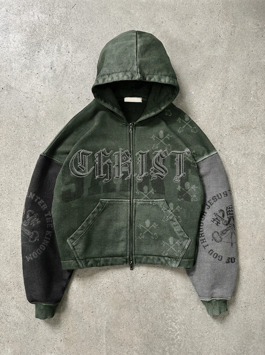 OPAQUE SPIRIT – (Green) CHRIST Distressed Zip Hoodie