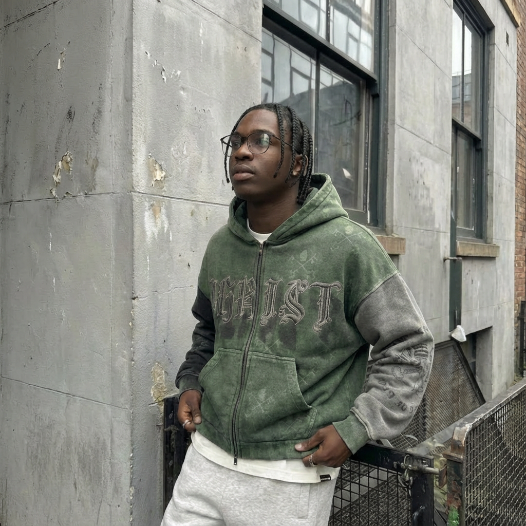 OPAQUE SPIRIT – (Green) CHRIST Distressed Zip Hoodie