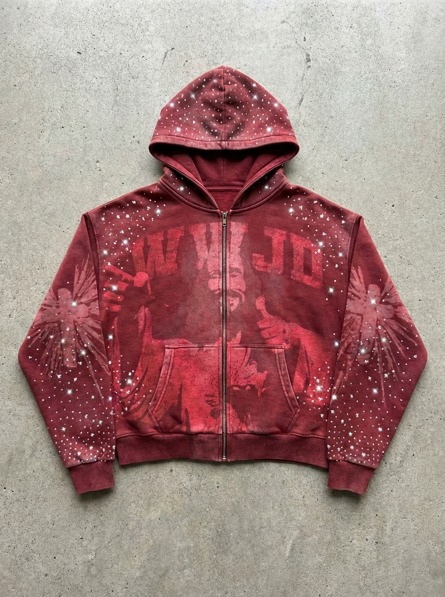 OPAQUE SPIRIT – (Red) WWJD Rhinestone Zip Hoodie