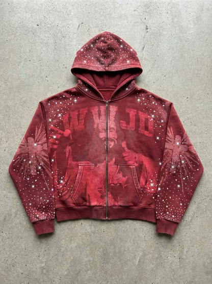 OPAQUE SPIRIT – (Red) WWJD Rhinestone Zip Hoodie