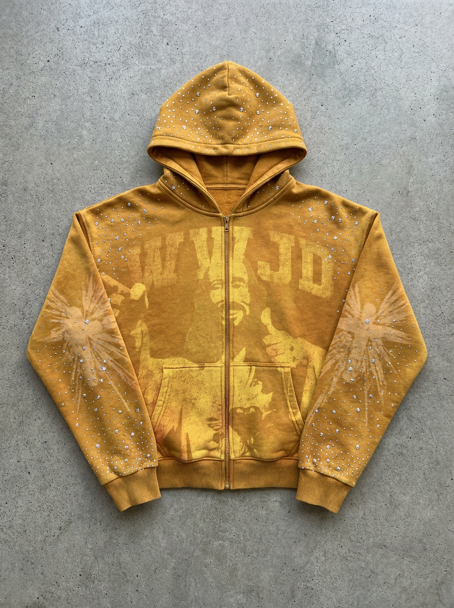 OPAQUE SPIRIT – (Yellow) WWJD Rhinestone Zip Hoodie