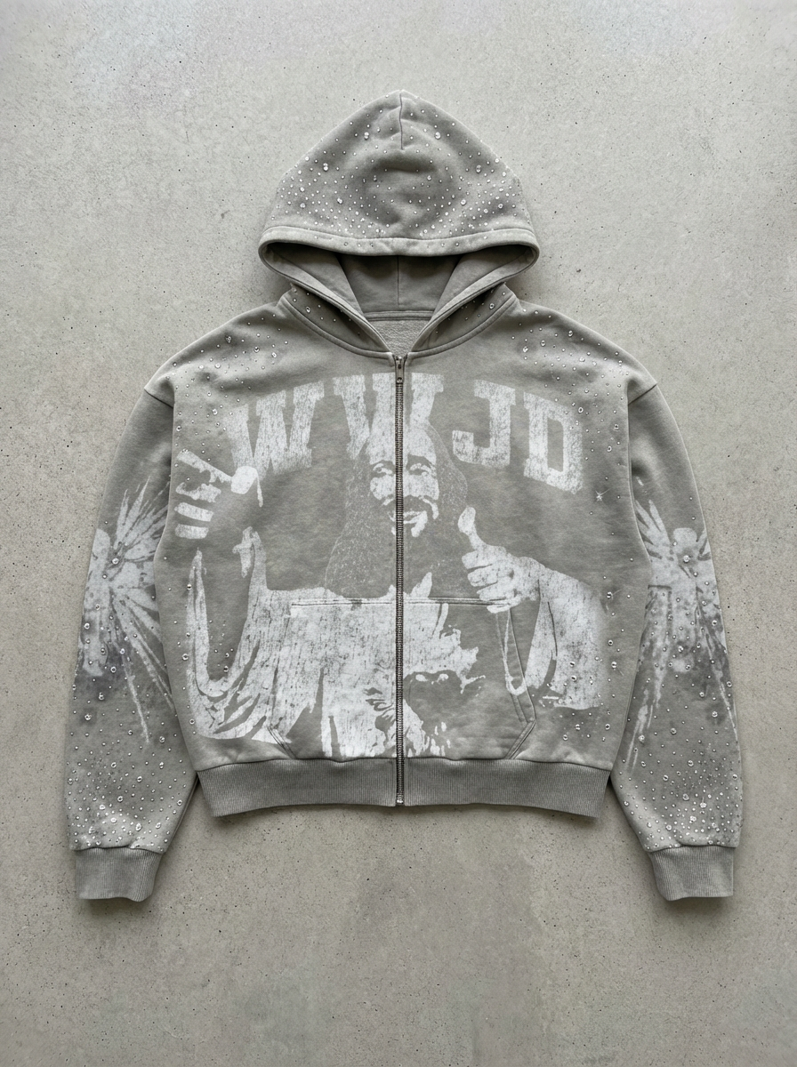 OPAQUE SPIRIT – (White) WWJD Rhinestone Zip Hoodie