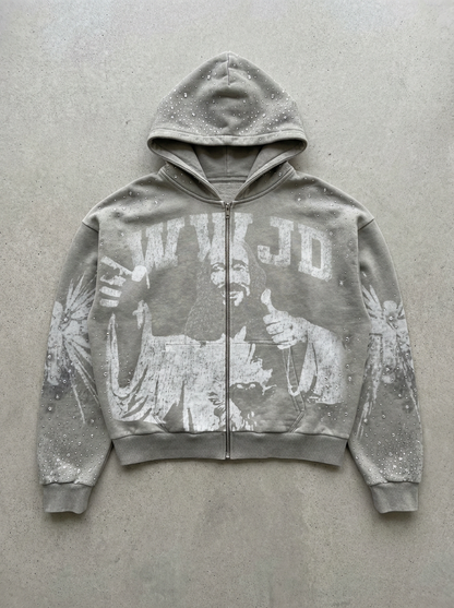 OPAQUE SPIRIT – (White) WWJD Rhinestone Zip Hoodie