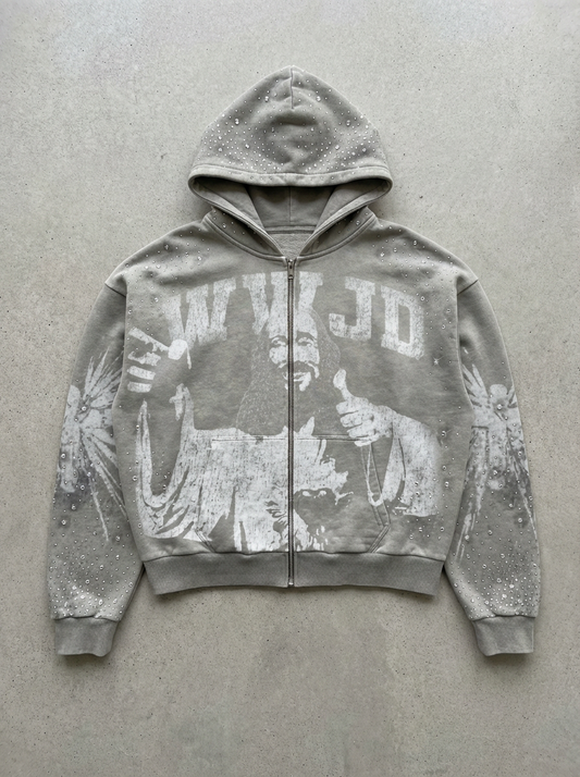 OPAQUE SPIRIT – (White) WWJD Rhinestone Zip Hoodie