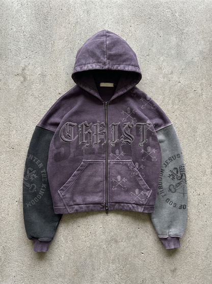 OPAQUE SPIRIT – (Purple) CHRIST Distressed Zip Hoodie