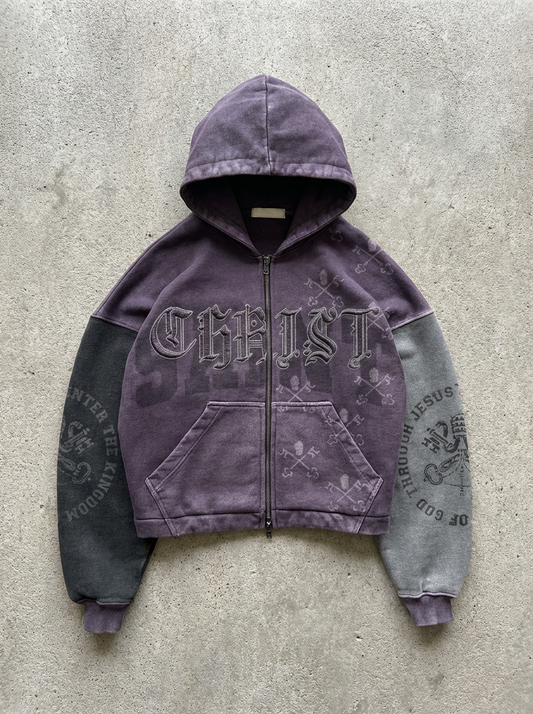 OPAQUE SPIRIT – (Purple) CHRIST Distressed Zip Hoodie