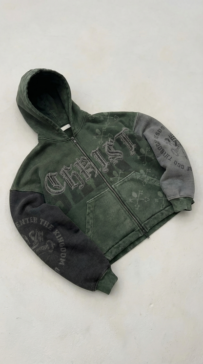 OPAQUE SPIRIT – (Green) CHRIST Distressed Zip Hoodie