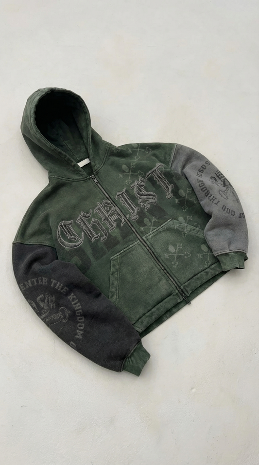 OPAQUE SPIRIT – (Green) CHRIST Distressed Zip Hoodie