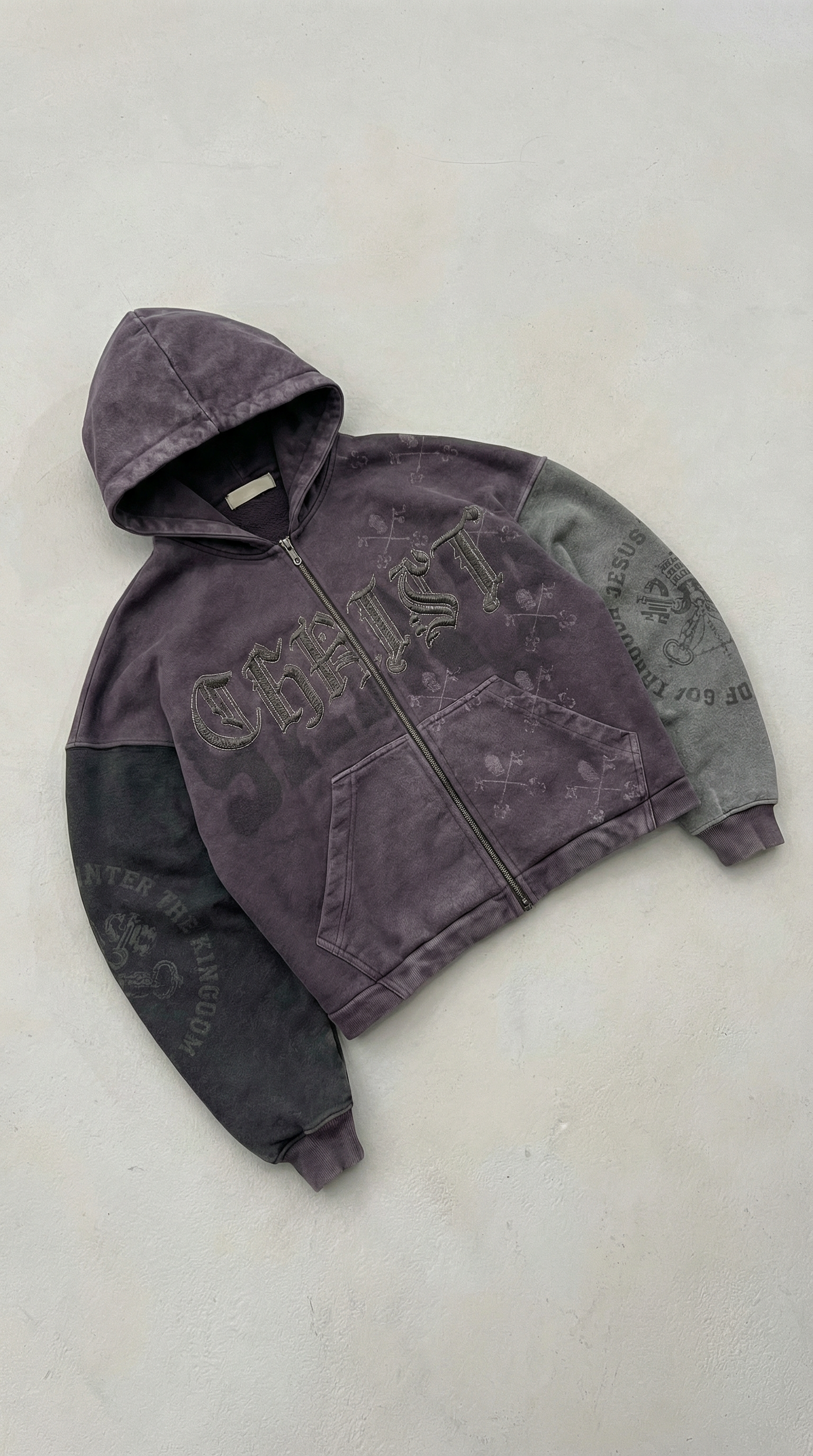 OPAQUE SPIRIT – (Purple) CHRIST Distressed Zip Hoodie