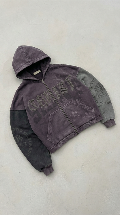 OPAQUE SPIRIT – (Purple) CHRIST Distressed Zip Hoodie