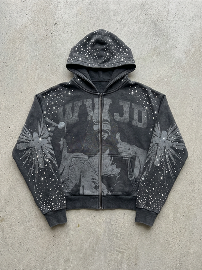 OPAQUE SPIRIT – (Black) WWJD Rhinestone Zip Hoodie